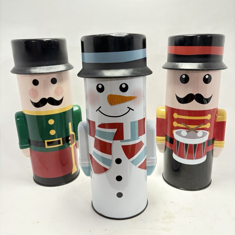 Christmas Holiday Set of 3 Nutcracker / Snowman Tin Decorative Reusable Storage
